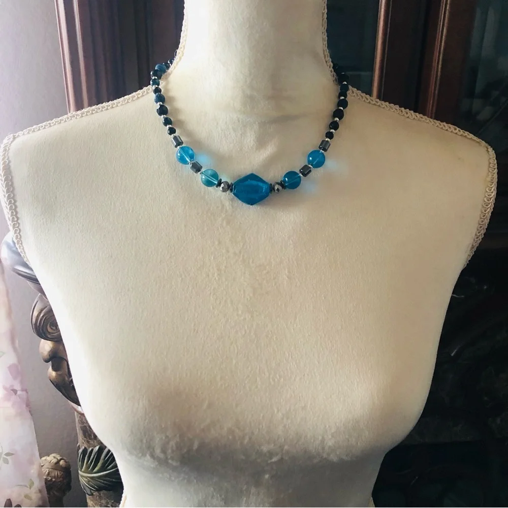 Handcrafted repurpose glass apatite agate hematite stone beaded necklace